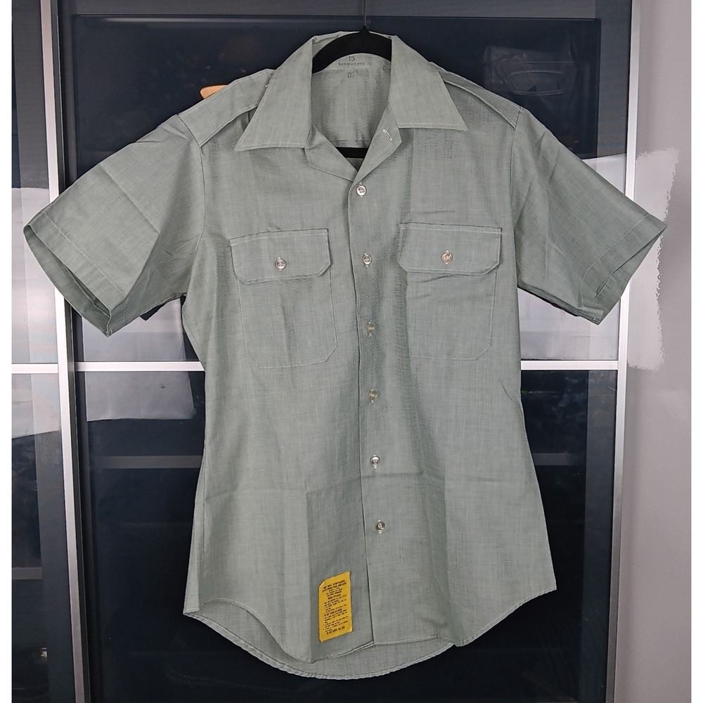 US Military Durable‎ Press Shirt Men 15 Mint Green Short Sleeve AG-415 Vtg 80s